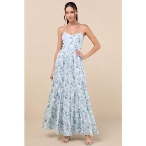 NWT Lulus Special Moment Light Blue Floral Strapless Bustier Maxi Dress Size 2X